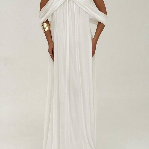 White Elegant Women's Holiday Sexy Off Shoulder Strapless Flowing Backless Dress - Picture 3 of 8